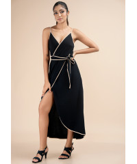 LILIAN CONTRASTING BLACK WRAP DRESS 