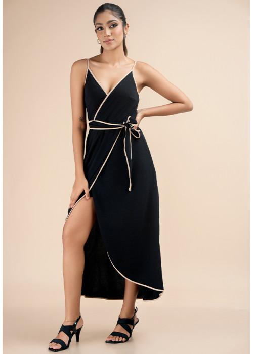 LILIAN CONTRASTING BLACK WRAP DRESS 