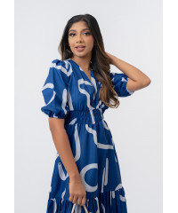 LOLA V NECK BLUE PRINTED DRESS