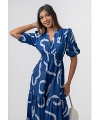 LOLA V NECK BLUE PRINTED DRESS