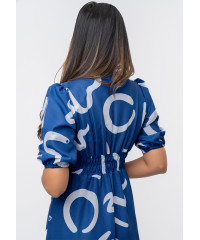 LOLA V NECK BLUE PRINTED DRESS