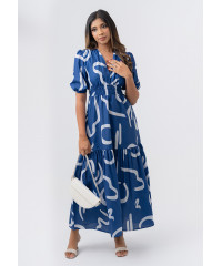 LOLA V NECK BLUE PRINTED DRESS