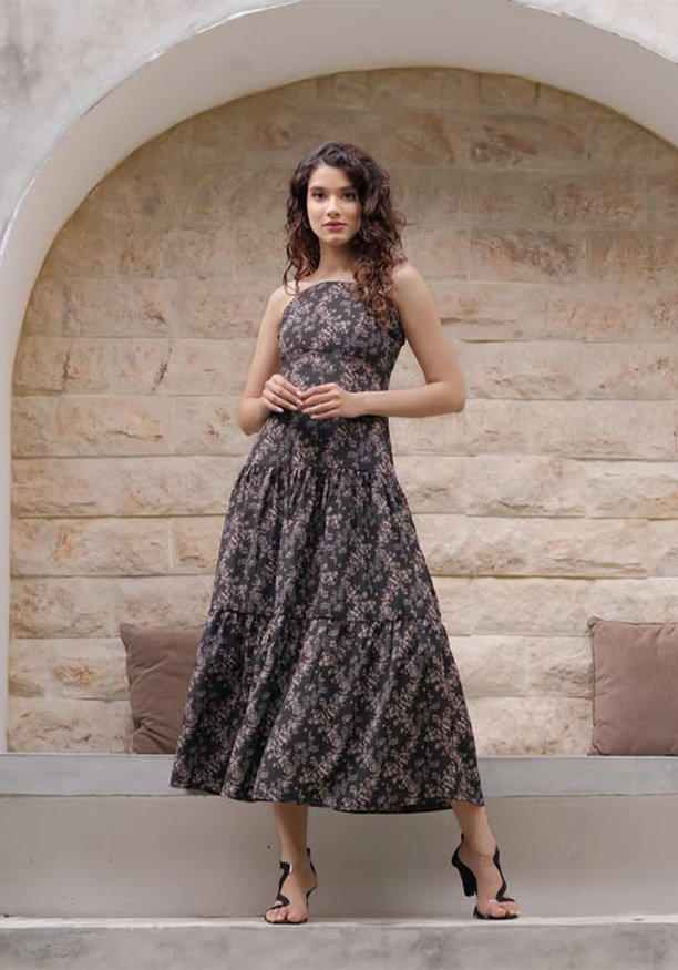 BELLA YELLOW PRINTED BLACK DRESS