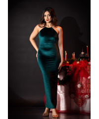 ALIZA HALTER NECK LONG GREEN DRESS 