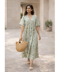 JENNY V NECK GREEN & WHITE DRESS JENNY V NECK GREEN & WHITE DRESS