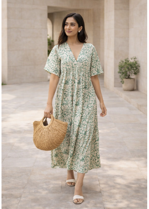 JENNY V NECK GREEN & WHITE DRESS