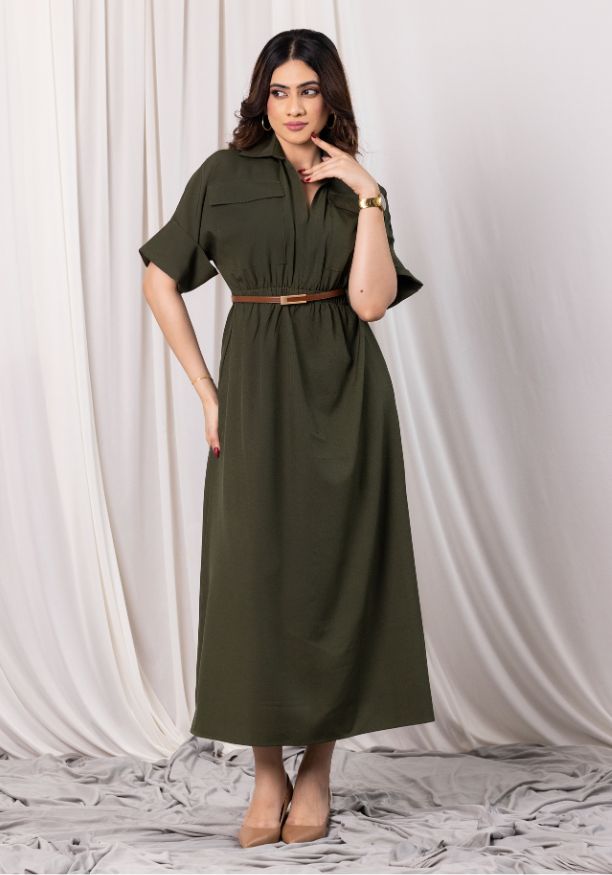 EVELYN UTILITY KAKI GREEN MAXI DRESS