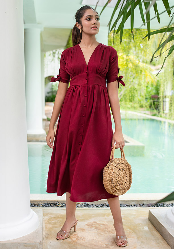 VALERIE MAROON FRONT BUTTONED DRESS