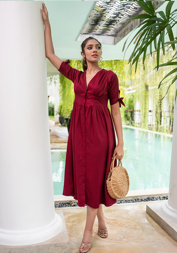 VALERIE MAROON FRONT BUTTONED DRESS