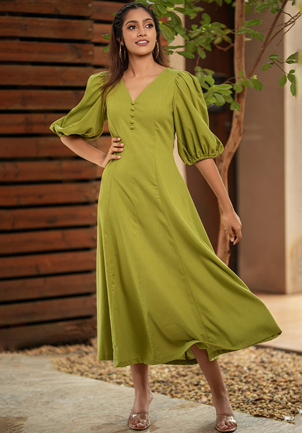 FREYA GREEN BELL SLEEVE DRESS 