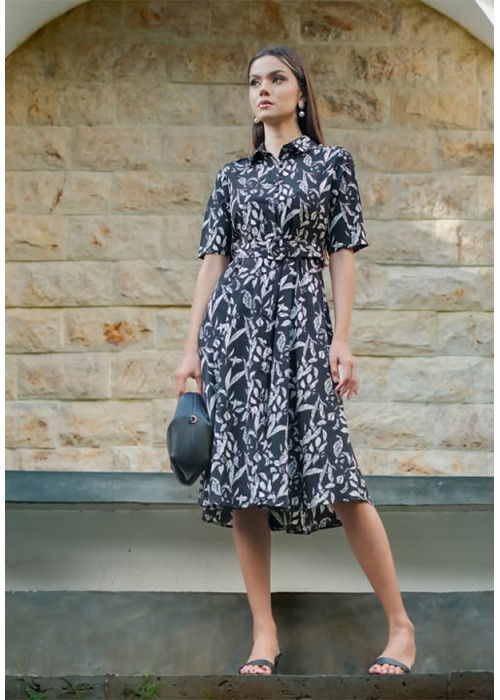 FLARA  WHITE PRINTED BLACK DRESS