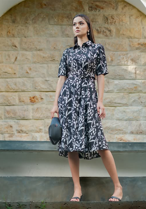 FLARA  WHITE PRINTED BLACK DRESS
