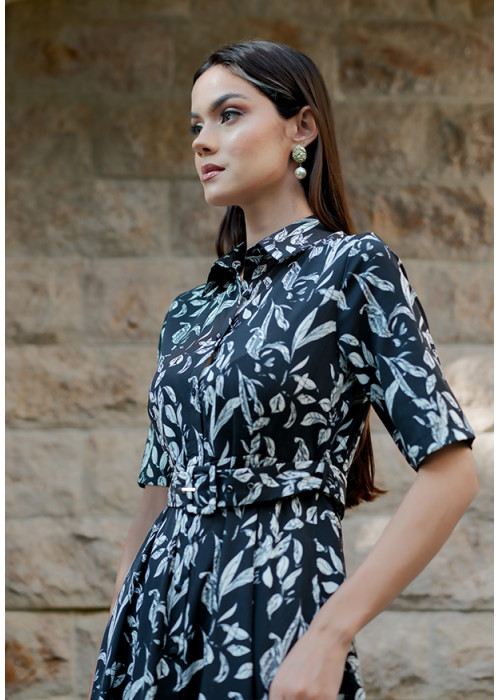 FLARA  WHITE PRINTED BLACK DRESS