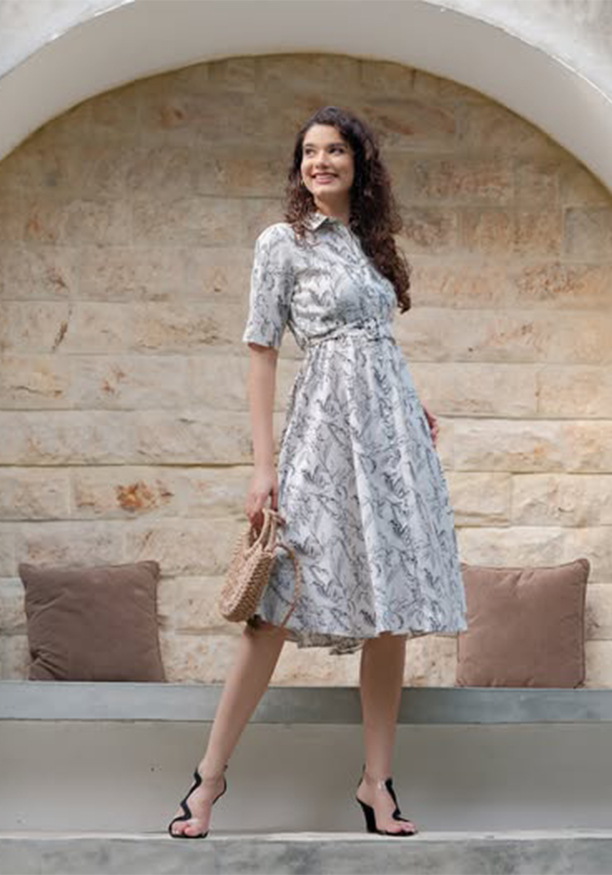 FLARA BLACK PRINTED OFF WHITE DRESS