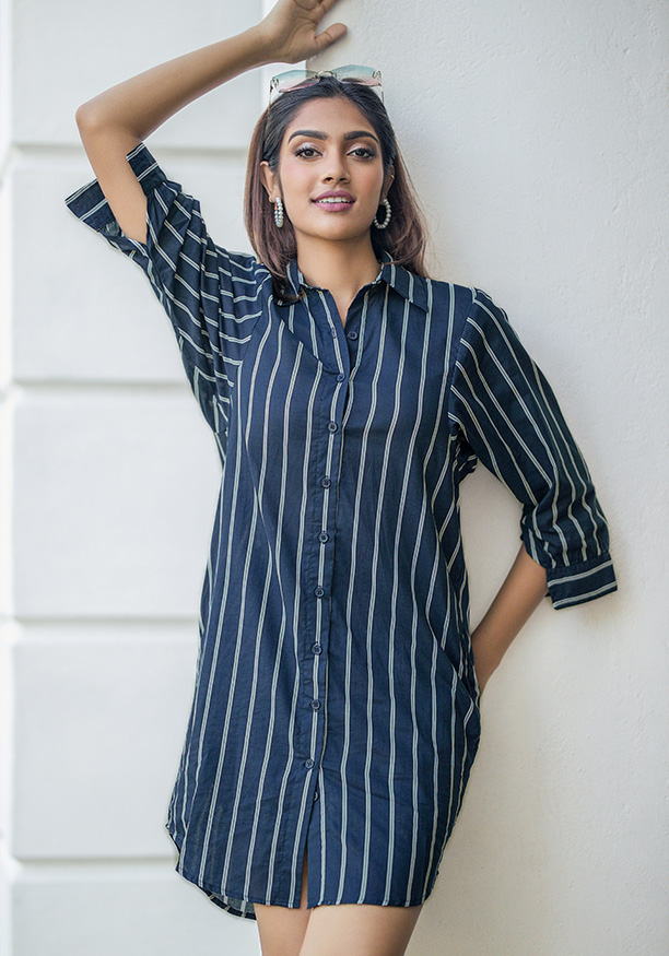 ADELAX NAVY BLUE COLLAR SHIRT DRESS 
