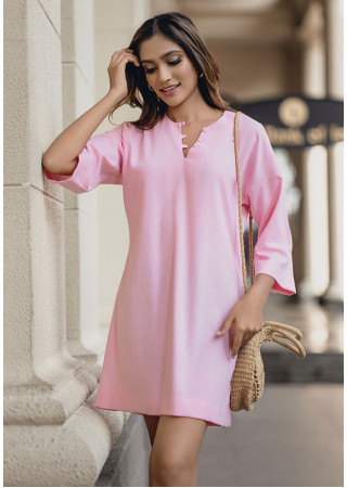 V NECK OVERSIZED PINK SHIRT DRESS