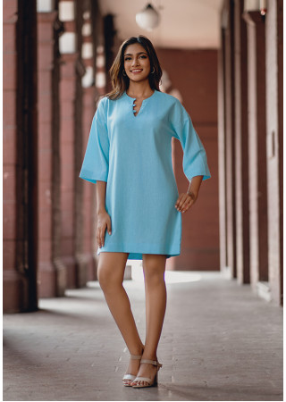 V NECK OVERSIZED BLUE SHIRT DRESS 