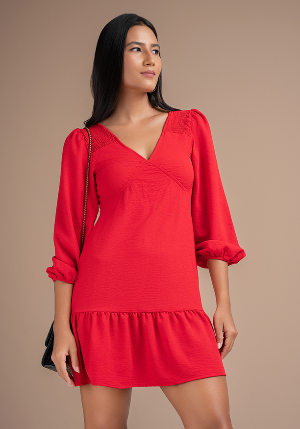 ROSE PUFF SLEEVE RED DRESS
