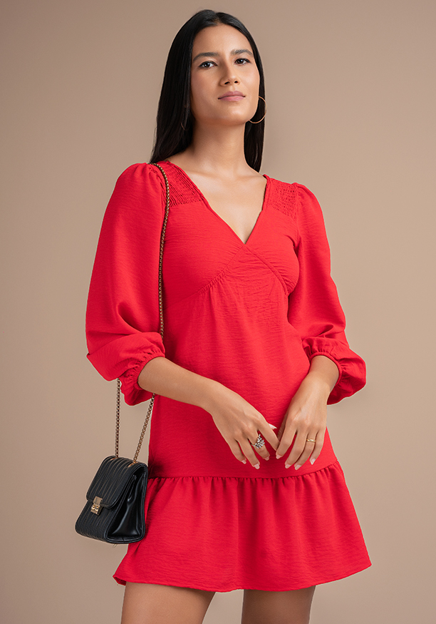 ROSE PUFF SLEEVE RED DRESS