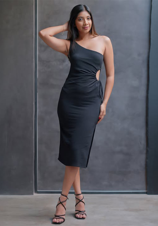 ANDREA ONE SHOULDER BLACK DRESS