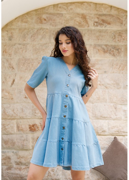 BARETTE DENIM RUFFLE DRESS
