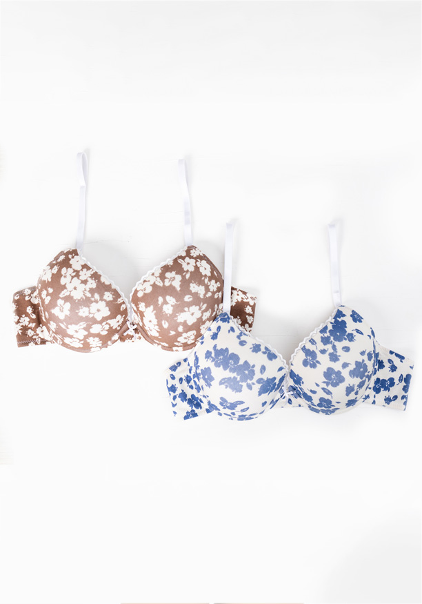 T SHIRT BRA PLUNGE 2 PACK IN BLUE & BROWN FLORAL COMBO