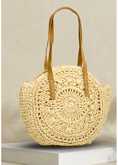 BOHEMAIN STYLE ROUND STRAW BAIGE TOTE BAG