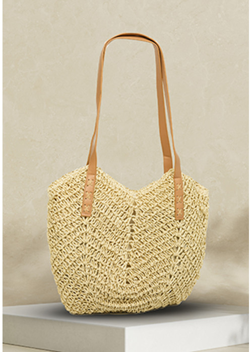 WOVEN BROWN STRAW BEACH TOTE BAG