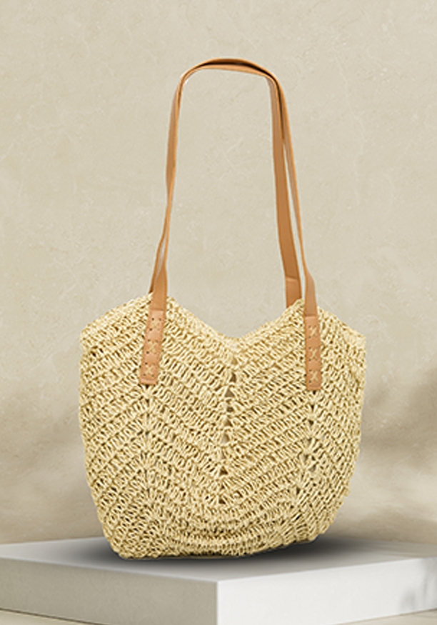 WOVEN BROWN STRAW BEACH TOTE BAG