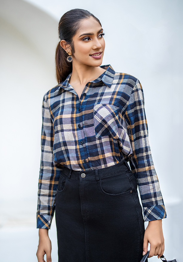 TIARA NAVY CHECK LONG SLEEVE BLOUSE 