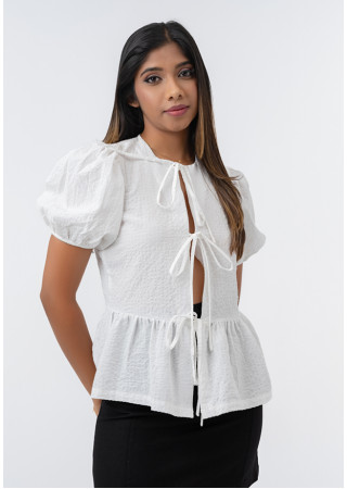 WHITE PUFF SLEEVE BOW TOP