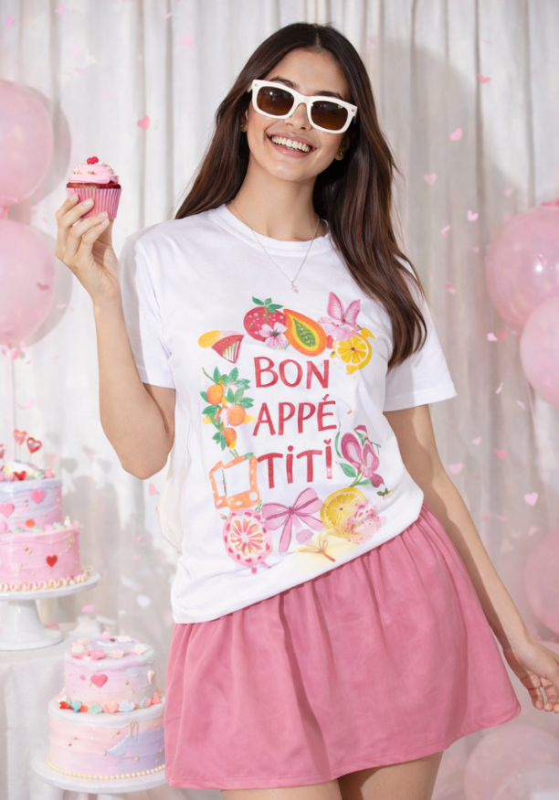 WHITE & PINK BON APPETIT T SHIRT