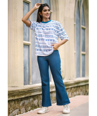 TARA MID BLUE TWO BUTTONED BELL PANT 